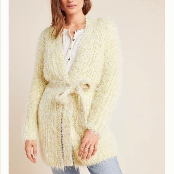 Anthropologie Yellow metallic, fuzzy, belted cardigan sweater small - Picture 2 of 8